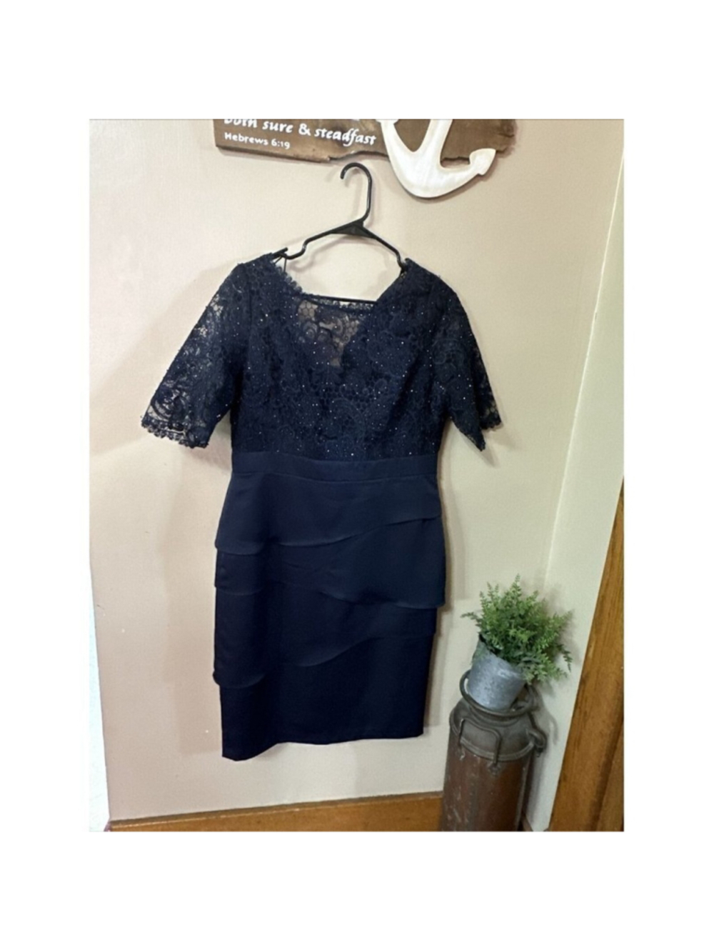 ADRIANNA Papell Blue Lace Dress Side Draped Ruched Sheer 3/4 Sleeve, Size 12 M5